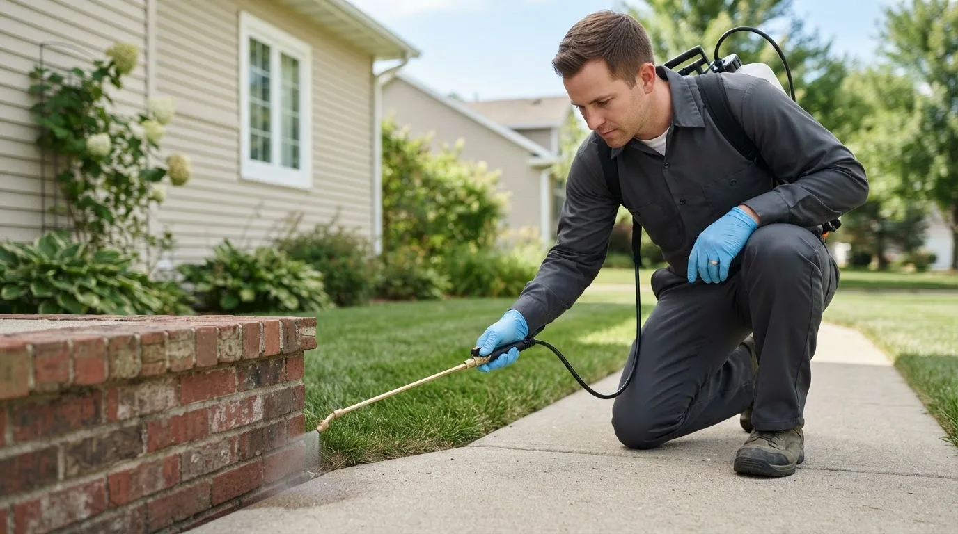 Pest control technician treating a home near Massillon, OH