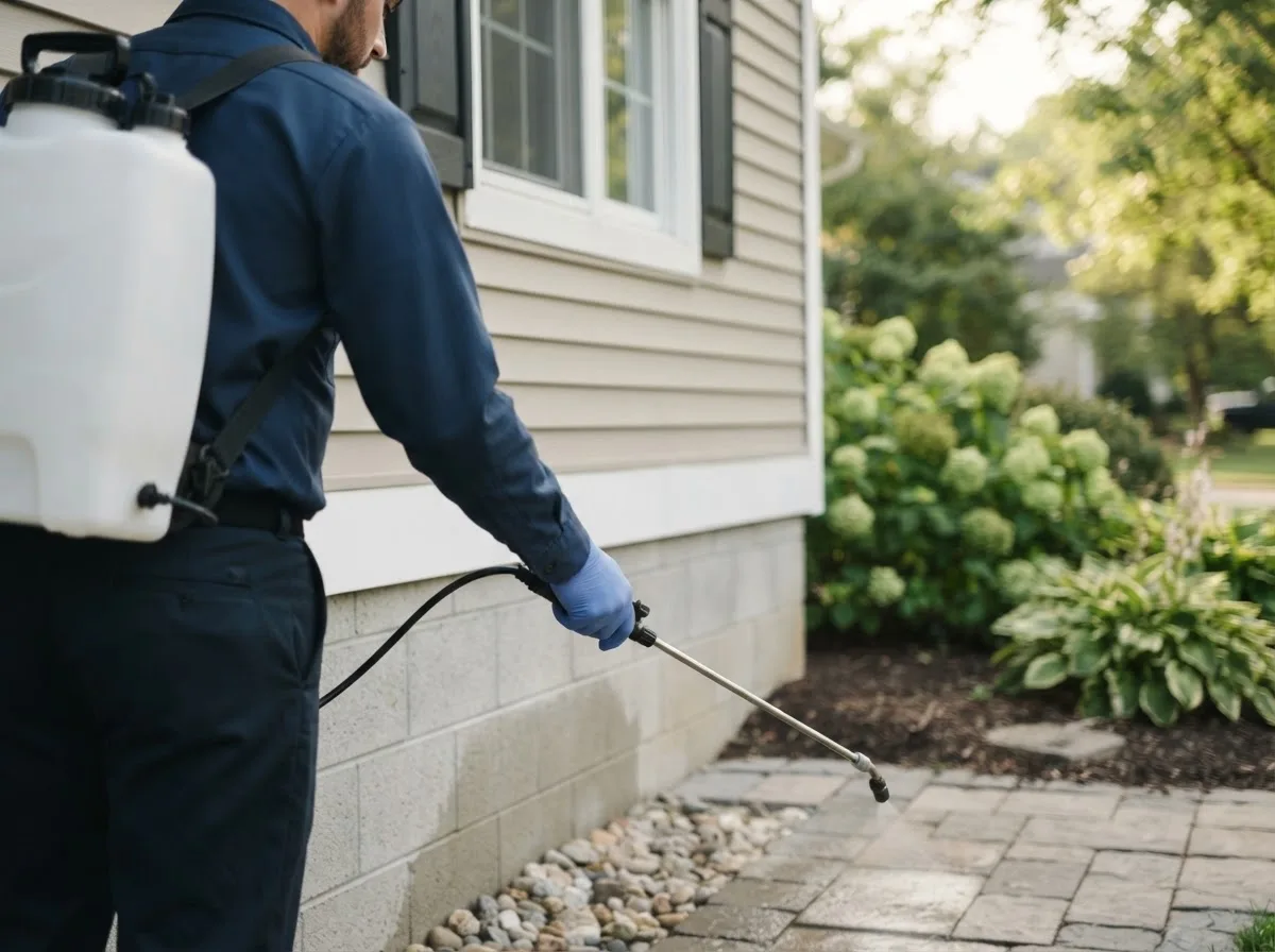 Pest control technician inspecting a home in Massillon, OH